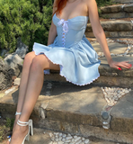 Princess A Line Sweetheart Neck Sky Blue Satin Short Homecoming Dress Birthday Dress HZ1023