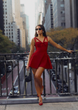 Stunning A Line Strap Red Satin Open Back Short Homecoming Dress Party Dress HZ1023