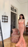 Elegant Mermaid Spaghetti Strap Orange Lace Long Prom Dress HZ1023