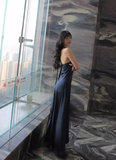Navy Blue A Line Halter Bow Satin Open Back Prom Dress Evening Dress HZ1023