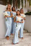 Off the Shoulder Light Blue Sheath Bridesmaid Dress HZ1023