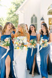 Simple Mermaid Spaghetti Straps Blue Long Bridesmaid Dresses with Bow Back/Formal Wear Dresses HZ1023