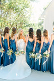 Simple Mermaid Spaghetti Straps Blue Long Bridesmaid Dresses with Bow Back/Formal Wear Dresses HZ1023