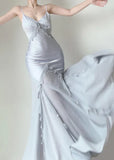 Elegant Mermaid Spaghetti Strap Pearl Grey Satin Long Prom Dress Evening Dress HZ1023