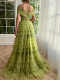Green A Line Off-the-shoulder Lace Tulle Long Prom Dress Evening Dress HZ1023