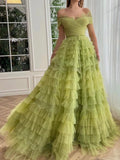 Green A Line Off-the-shoulder Lace Tulle Long Prom Dress Evening Dress HZ1023