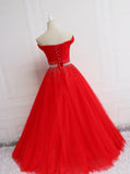 Beautiful Red Tulle Off Shoulder Long Formal Gown Red Sweet 16 Dresses HZ1023