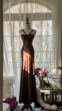 Sexy Mermaid Halter Brown Satin Long Open Back Party Dress Evening Dress HZ1023