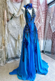 Blue Exquisite Beaded A Line V Neck Floral Chiffon Prom Dress 16th Birthday Dress HZ1023