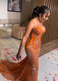 Gorgeous Orange Beaded Applique Mermaid Evening Dress Long Prom Dress HZ1023