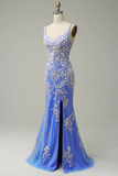 Charming Mermaid V Neck Blue Long Prom Dress With Appliques HZ1023