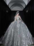 Silver Sequin Ball Gown Round Neck Prom Dress Evening Dress Party Dress HZ1023