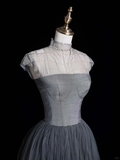 Simple Grey A Line High Neck Satin Tulle Long Prom Dress Graduation Prom Dress HZ1023