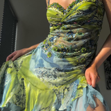 Luxurious Spaghetti Straps Beaded Sequin Ruffles Chiffon Evening Dress Outfits HZ1023