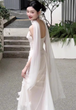 White Sheath Strapless Floral Pleated Tulle Long Prom Dress Wedding Dress HZ1023
