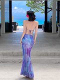 Two Piece Mermaid Halter Purple Print Floral Chiffon Long Prom Dress Outfits HZ1023