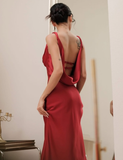 Elegant Sheath Strap Burgundy Satin Open Back Prom Dress Evening Dress HZ1023