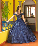 Shiny Royal Blue Ball Gown Off the Shoulder Sequin Sweet 16 Dress Party Gowns Quinceanera Dresses HZ1023
