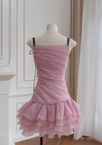Cute Pink A Line Spaghetti Strap Layered Chiffon Homecoming Dress HZ1023