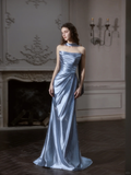 Blue Sheath Strapless Feather Rhinestone Satin Long Prom Dress 16th Birthday Dress HZ1023