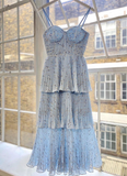 Blue A Line Spaghetti Strap Print Floral Tiered Chiffon Evening Dress Outfits HZ1023