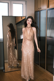 Sexy Sheath Halter Champagne Sequin Long Prom Dress Formal Gown HZ1023