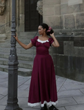 Burgundy A Line Puff White Lace Satin Long Party Dress Cocktail Dress Date Dress HZ1023