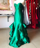 Charming Mermaid Sweetheart Ruffle Green Satin Long Prom Dress Evening Dress HZ1023