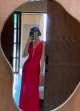 Classic Red A Line V Neck Satin Long Prom Dress Party Dress HZ1023