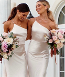 Simple Sheath One Shoulder White Satin Open Back Bridesmaid Dress Evening Dress HZ1023
