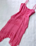 Vintage Sheath Spaghetti Strap Tiered Beaded Pink Chiffon Short Evening Dress HZ1023