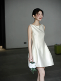Simple A Line Round Neck Pearl White Satin Short Homecoming Dress Birthday Dress HZ1023