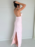 Elegant Sheath Spaghetti Strap Light Pink Satin Long Prom Dress Evening Dress HZ1023