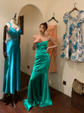 Vintage Mermaid Sweetheart Neck Pleated Green Satin Long Party Dress Cocktail Dress HZ1023