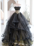 Black Strapless Tulle Princess Ball Gown Long Prom Dress Quinceanera Dress HZ1023