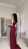 Sexy Burgundy Ruffles Chiffon Slit Prom Dress Mermaid Evening Dress HZ1023