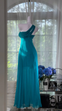 Peacock Blue A Line One Shoulder Chiffon Prom Dress Wedding Guest Dress HZ1023