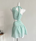 Mint Green A Line Halter Flower Chiffon Short Homecoming Dress Cocktail Dress HZ1023