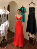 Vintage A Line Spaghetti Strap Red Beaded Sequin Chiffon Long Open Back Prom Dress Evening Dress HZ1023