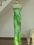 Unique Sheath Halter Green Print Floral Chiffon Open Back Long Prom Dress Formal Dress HZ1023