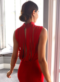 Elegant Sheath Round Neck Red Satin Open Back Prom Dress Evening Dress HZ1023