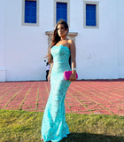 Blue Sheath Strapless Exquisite Lace Party Dress Evening Dress Prom Dress HZ1023