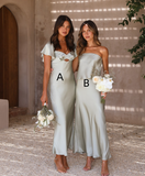 Simple A Line Sage Green Satin Evening Dress Bridesmaid Dress HZ1023