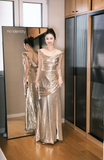 Shiny A Line Straps Golden Sequin Long Party Dress Wedding Guest Dress with Slit HZ1023