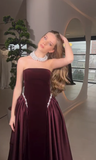 Classy A Line Strapless Pearl Dark Burgundy Velvet Satin Party Dress Wedding Guest Dress HZ1023