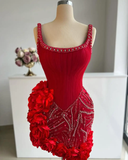 Stunning Sheath Straps Beaded Red Satin Tulle Short Homecoming Dress Cocktail Dress HZ1023