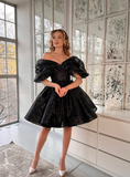 Sexy Black A Line Off the Shoulder Sequin Tulle Homecoming Dress Cocktail Dress HZ1023