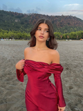 Burgundy A Line Long Sleeve Satin Long Prom Dress Party Dress Outfits HZ1023