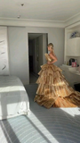 Luxurious Gold Strapless Pleated Irregular Neck Layered Prom Dress Ball Gown Quincea?era Party Dress HZ1023