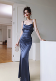 Simple Navy Blue Mermaid Spaghetti Strap Satin Open Back Long Evening Dress Gown Dress HZ1023